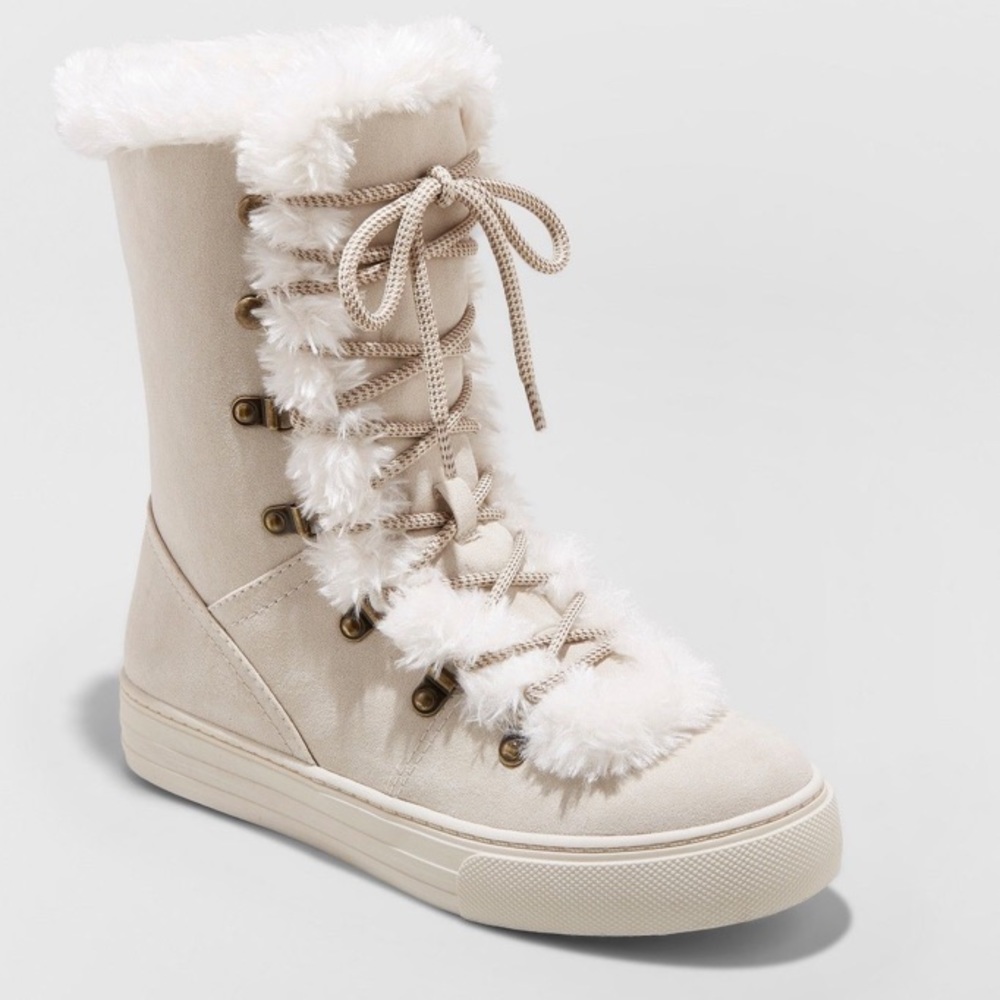 NEW! Cream Boots With Fluffy Fur Accents - Picture 2 of 5